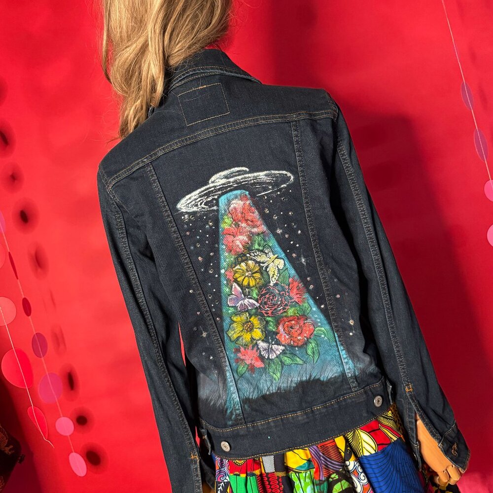 Upcycled Levi's Denim Set with Hand-Painted UFO Art - Vintage Rebel Style